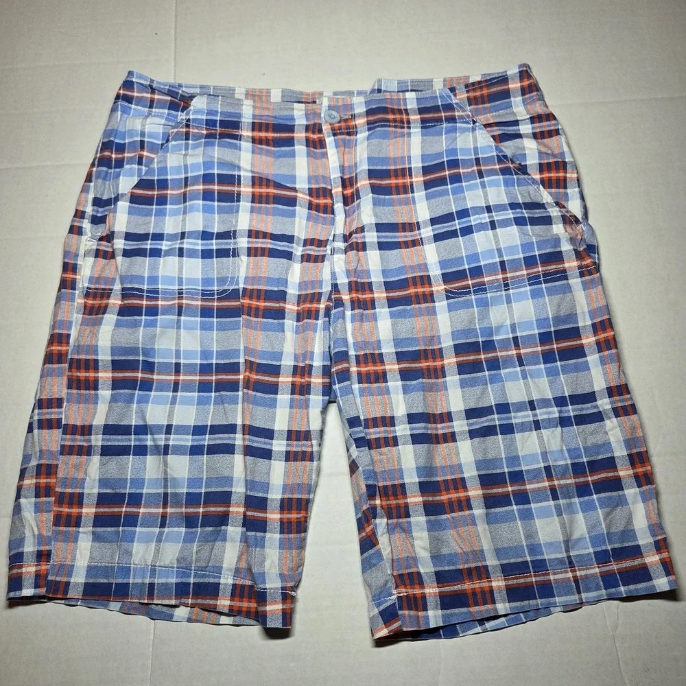 Caribbean Joe Bermuda Plaid Shorts Blue Orange Size 12 Cotton Spandex Pockets